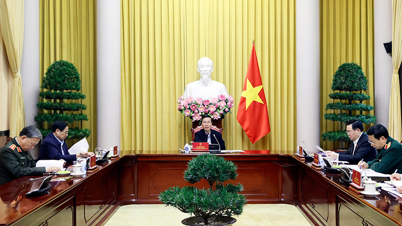 Chủ tịch nước Võ Văn Thưởng chủ trì Phiên họp thứ tư Hội đồng Quốc phòng và An ninh nhiệm kỳ 2021-2026. (Ảnh: TTXVN) 