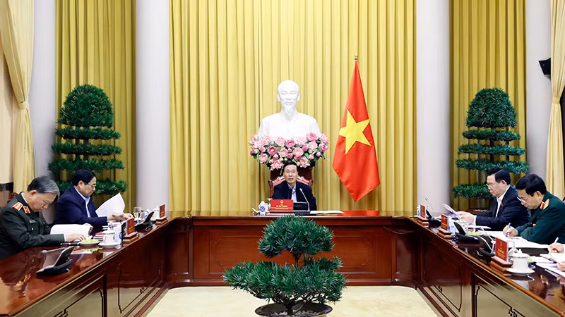 Chủ tịch nước Võ Văn Thưởng chủ trì Phiên họp thứ tư Hội đồng Quốc phòng và An ninh nhiệm kỳ 2021-2026. (Ảnh: TTXVN) 