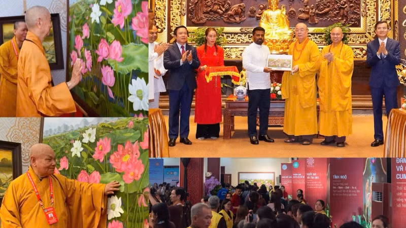 Bức tranh “Liên Hoa Tịnh Cảnh” của họa sĩ Nguyễn Thị Kim Đức được trưng bày, giới thiệu và làm quà tặng cho các đại biểu tham dự Đại lễ Vesak 2025.