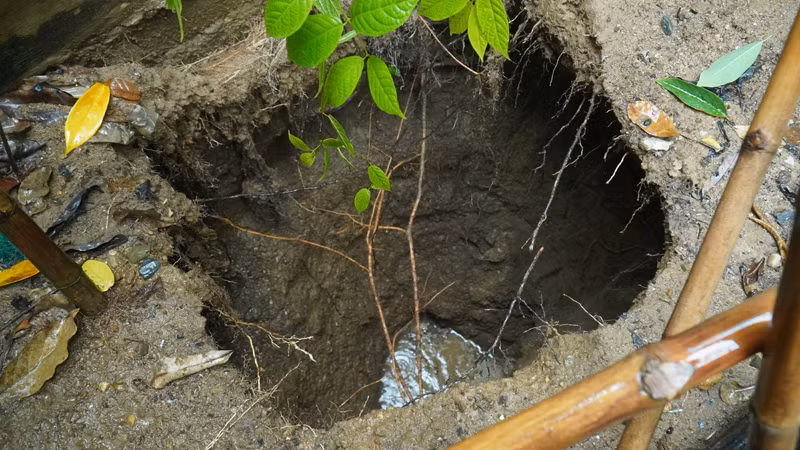 Hố sụt lún trong vườn nhà bà Đoàn Thị Thức ở huyện Cam Lộ.