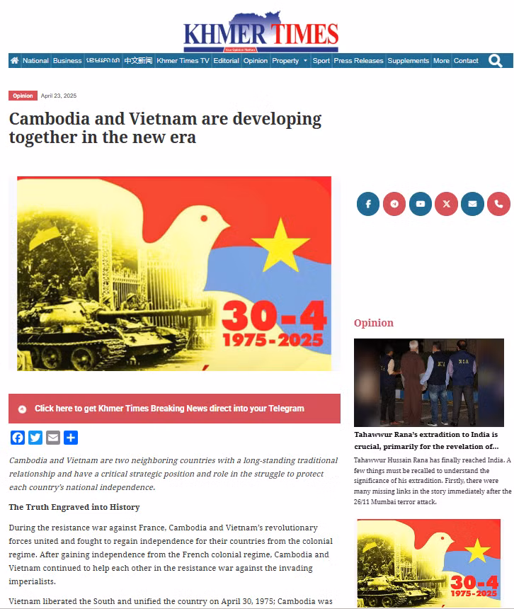 Bài viết nhan đề “Campuchia và Việt Nam cùng nhau phát triển trong kỷ nguyên mới” đăng trên Báo Khmer Times của nhà nghiên cứu Uch Leang. (Ảnh: chụp màn hình)