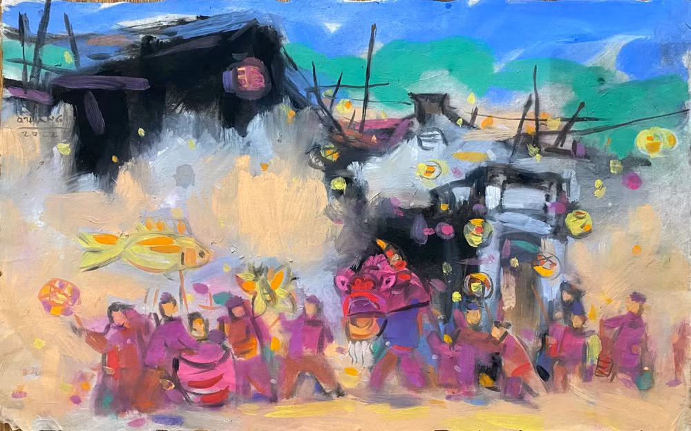 Tranh vẽ bằng bột màu trên báo cũ của họa sĩ Nguyễn Quốc Thắng.