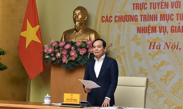Phó Thủ tướng Trần Lưu Quang phát biểu tại cuộc họp trực tuyến với các địa phương về tiến độ thực hiện 3 Chương trình mục tiêu quốc gia. Ảnh: VGP