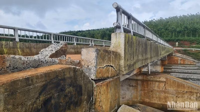 Cầu tràn nối liền thân đập và chân đập hồ chứa nước Đắk N'Ting bị xô đẩy, dịch chuyển có nguy cơ cao làm vỡ hồ chứa.