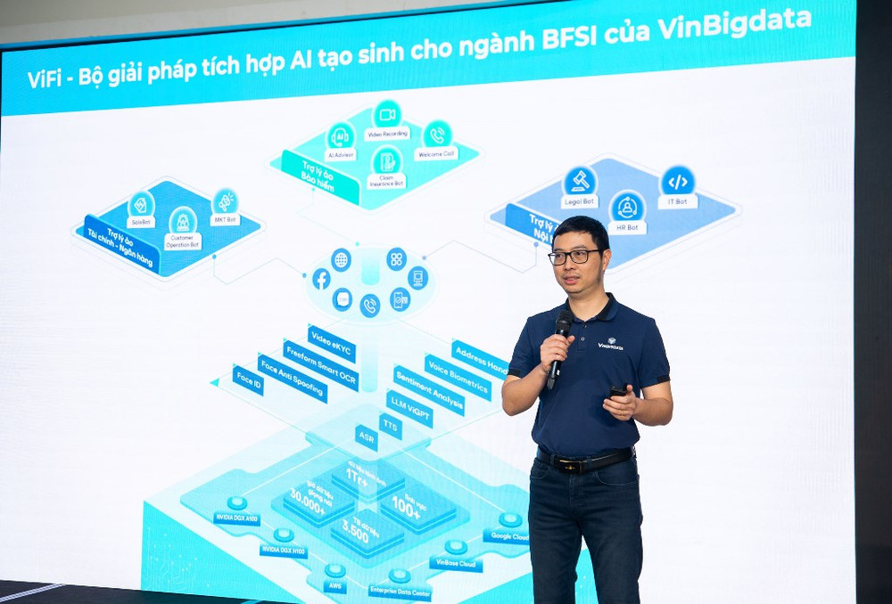 TS Đào Đức Minh, CEO VinBigdata công bố ra mắt bộ giải pháp ViFi tích hợp AI tạo sinh cho ngành BFSI.