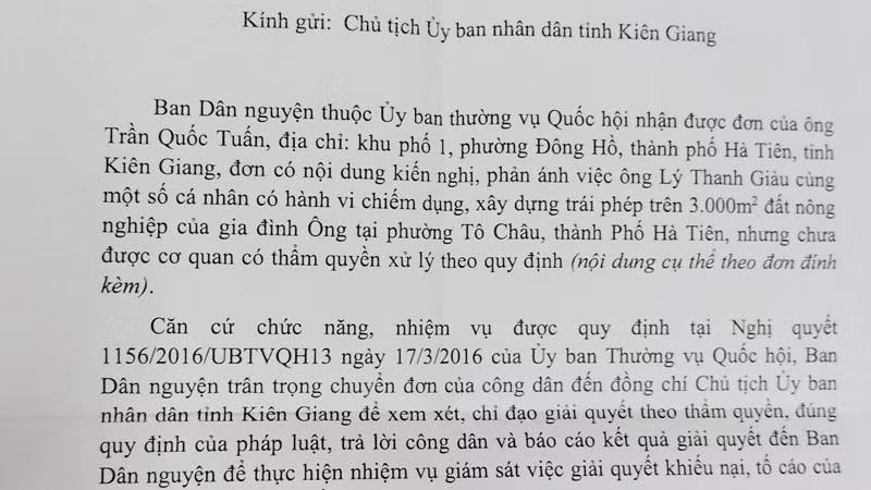 Công văn của Ban Dân nguyện thuộc Ủy ban Thường vụ Quốc hội gửi Chủ tịch Ủy ban nhân dân tỉnh Kiên Giang.