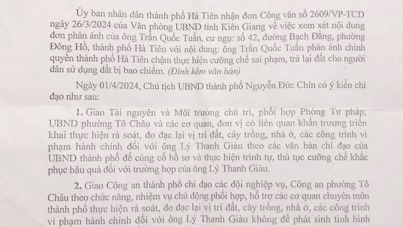 Văn bản chỉ đạo của Chủ tịch Ủy ban nhân dân thành phố Hà Tiên.