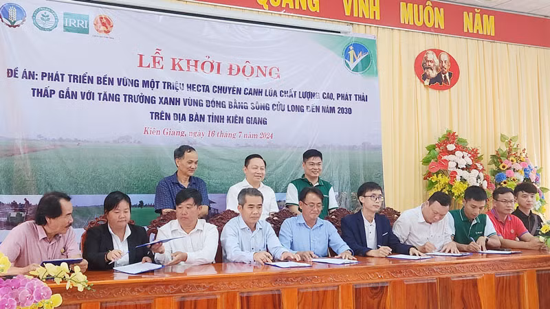 Các doanh nghiệp, hợp tác xã, đại diện nông dân ký kết tham gia đề án.