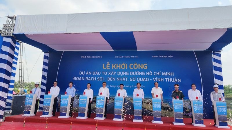 Lãnh đạo các bộ, ngành và địa phương phát lệnh khởi công dự Dự án đầu tư xây dựng đường Hồ Chí Minh đoạn Rạch Sỏi-Bến Nhất, Gò Quao-Vĩnh Thuận.
