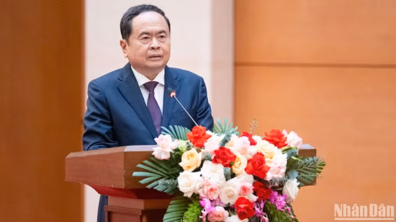 Chủ tịch Quốc hội Trần Thanh Mẫn phát biểu tại cuộc gặp mặt. (Ảnh: DUY LINH)