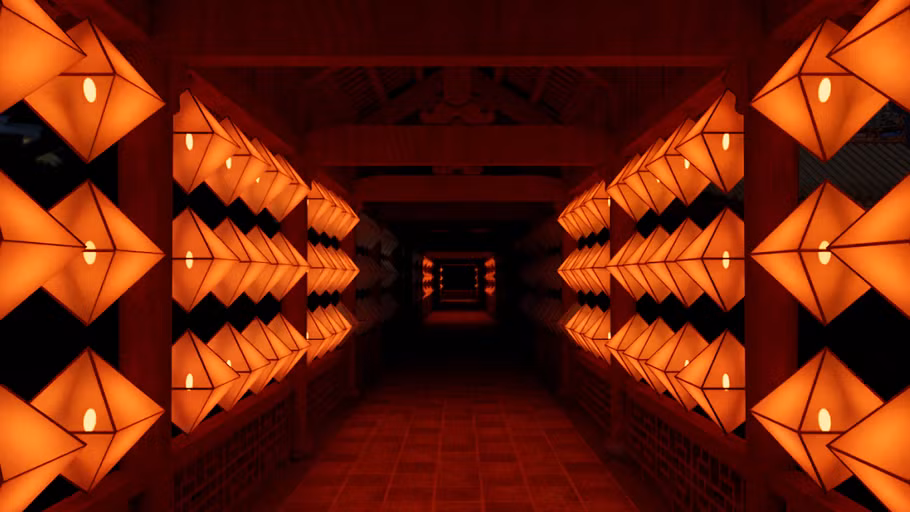 240 chiếc đèn lồng đồng bộ với âm thanh tại hành lang trung tâm. (Ảnh: Viện Pháp tại Việt Nam)