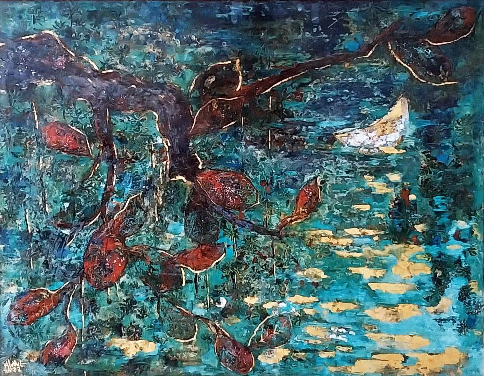 Trăng rơi tảng sáng – Tác giả Phạm Hồng Phương, chất liệu sơn mài.