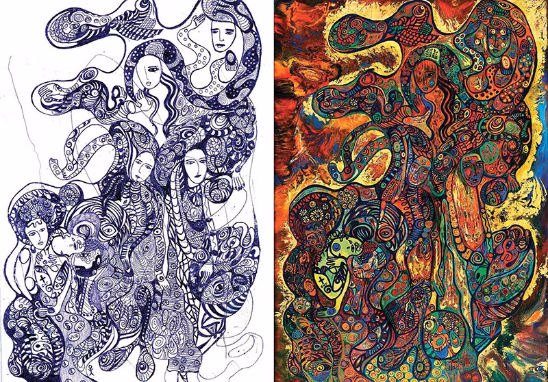 Bản vẽ bút bi và bản sơn mài có thể coi như hai tác phẩm độc lập với nhau, thuần nhất về nội dung.