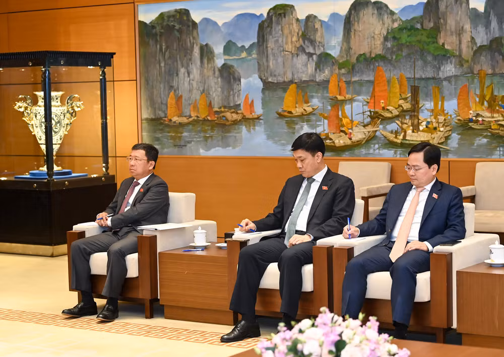 Chủ nhiệm Ủy ban Đối ngoại Vũ Hải Hà, Chủ nhiệm Ủy ban Kinh tế Vũ Hồng Thanh, Bí thư Tỉnh ủy Bắc Ninh Nguyễn Anh Tuấn - Chủ tịch Nhóm đại biểu Quốc hội trẻ khóa XV và các đại biểu dự buổi tiếp.