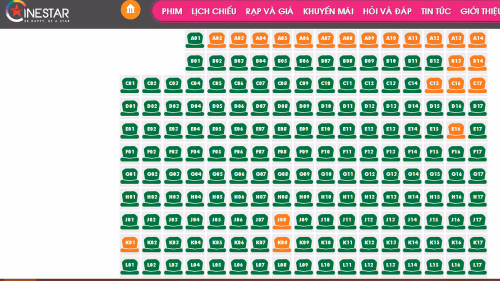 Sơ đồ ghế ngồi của suất chiếu 10 giờ sáng 23/2 tại rạp Cinestar Quốc Thanh đã gần như kín chỗ (ghế đã được mua có màu xanh lá).