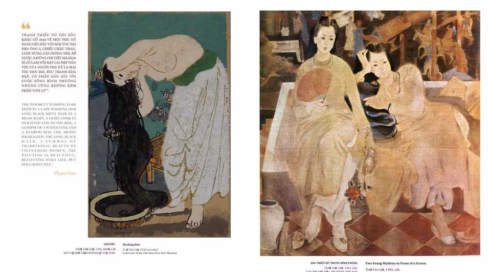 Các bức "Gội đầu" và "Hai thiếu nữ trước bình phong" trong sách. (Ảnh: Bảo tàng Mỹ thuật Việt Nam)