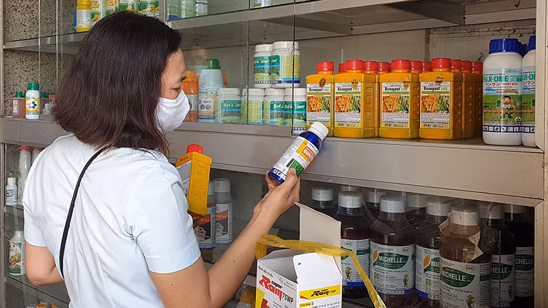 Thanh tra Sở Nông nghiệp và Phát triển nông thôn tỉnh Tây Ninh kiểm tra sản phẩm thuốc trừ sâu tại cửa hàng bán vật tư nông nghiệp trên địa bàn tỉnh. (Ảnh: Thanh Tân)