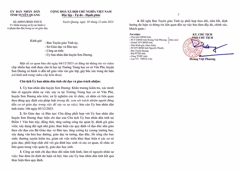 Văn bản chỉ đạo của UBND tỉnh Tuyên Quang.