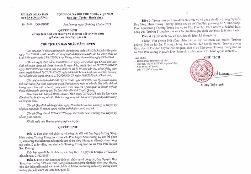 Tuyên Quang: Tạm đình chỉ chức vụ Hiệu trưởng trường THCS Văn Phú ảnh 1