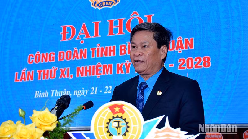 Phó Chủ tịch Tổng Liên Đoàn Lao động Việt Nam Huỳnh Thanh Xuân phát biểu tại đại hội.