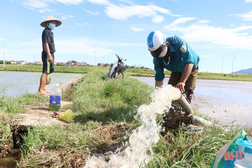 Ảnh minh họa: Ông Bùi Công Lãnh, thôn Liên Công, xã Đồng Môn (TP Hà Tĩnh) sử dụng máy bơm để “ép” nước ra khỏi ruộng nhanh hơn. (Nguồn: Báo Hà Tĩnh)