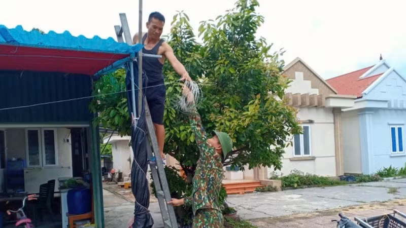 Bộ đội Biên phòng giúp người dân chằng chống nhà cửa trước khi bão số 3 đổ bộ vào Quảng Ninh.