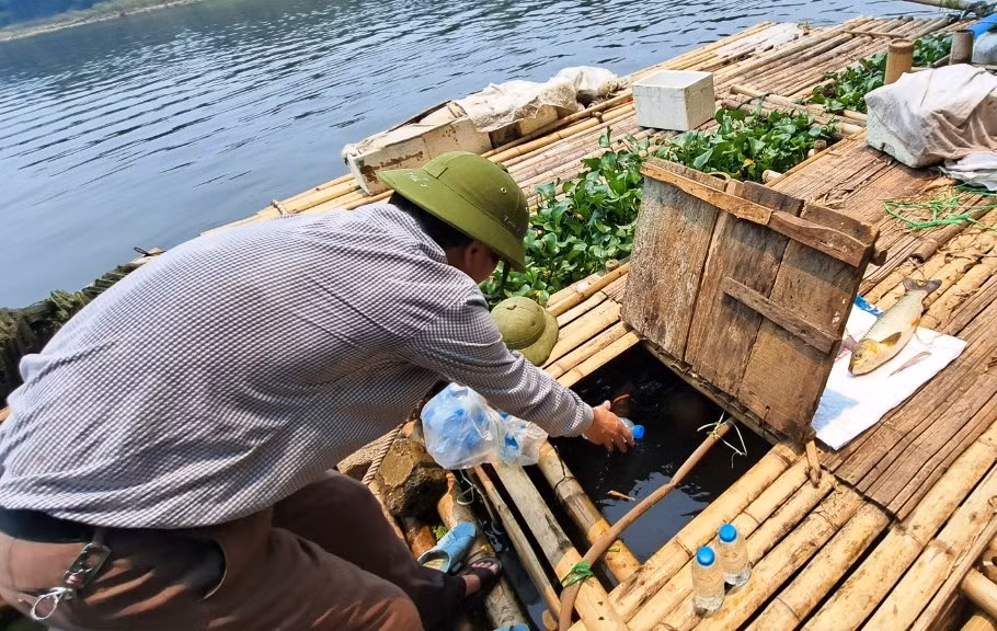 Cán bộ chuyên môn lấy mẫu nước xét nghiệm.