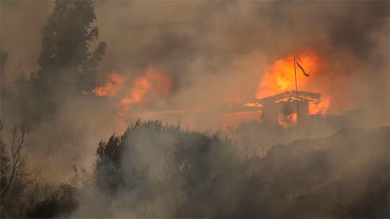 Nhà ở bị thiêu rụi khi đám cháy lan tới Vina del Mar, Chile, ngày 3/2/2024. Ảnh: REUTERS