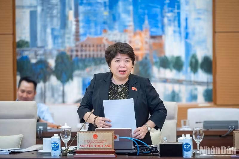 Phó Trưởng Đoàn giám sát của Quốc hội Nguyễn Thúy Anh báo cáo về vấn đề xin ý kiến Ủy ban Thường vụ Quốc hội. (Ảnh: DUY LINH)