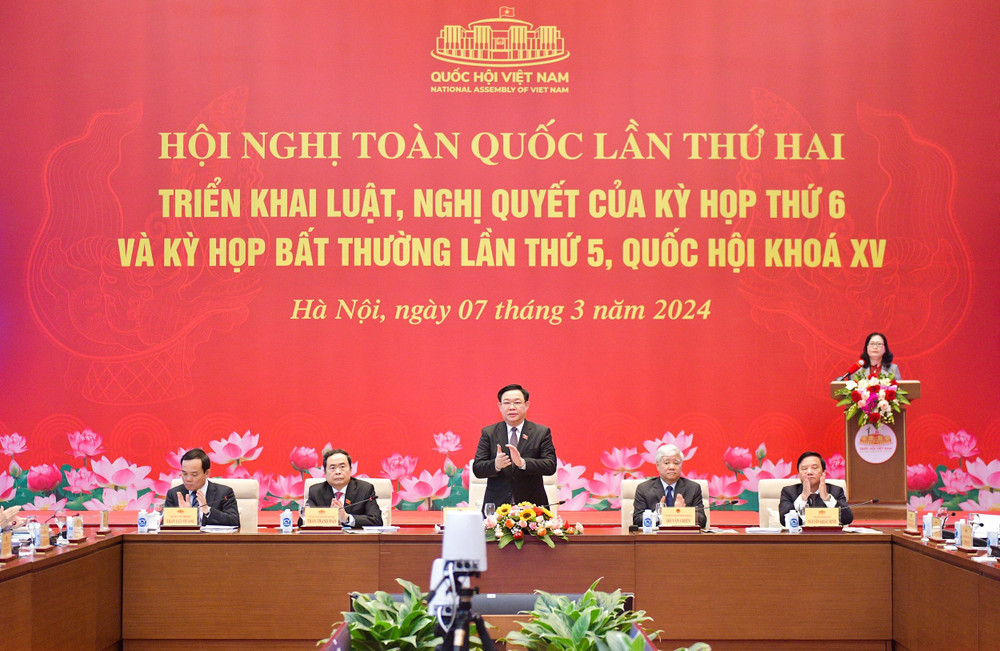 Chủ tịch Quốc hội Vương Đình Huệ chủ trì Hội nghị toàn quốc lần thứ hai triển khai luật, nghị quyết của Kỳ họp thứ 6 và Kỳ họp bất thường lần thứ 5, Quốc hội khóa XV, ngày 7/3/2024.