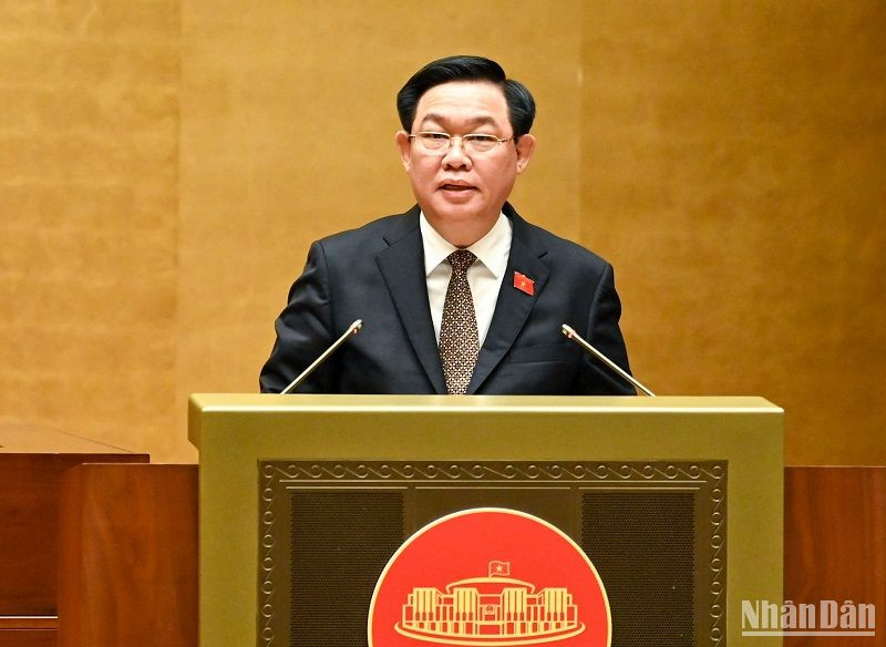 Chủ tịch Quốc hội Vương Đình Huệ phát biểu bế mạc Kỳ họp thứ 5, Quốc hội khóa XV. (Ảnh: DUY LINH)