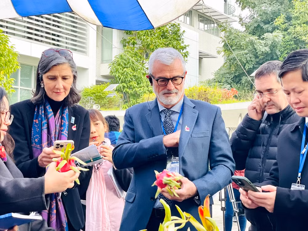 Các đại biểu quét mã truy xuất "dấu chân carbon" trên sản phẩm thanh long trưng bày tại hội thảo.