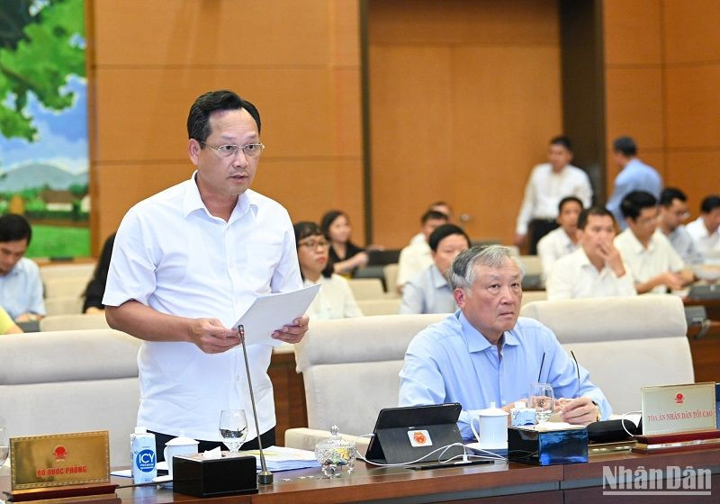 Phó Chánh án Tòa án nhân dân tối cao Nguyễn Văn Tiến trình bày Tờ trình về dự án Luật Tổ chức Tòa án nhân dân (sửa đổi). (Ảnh: DUY LINH)