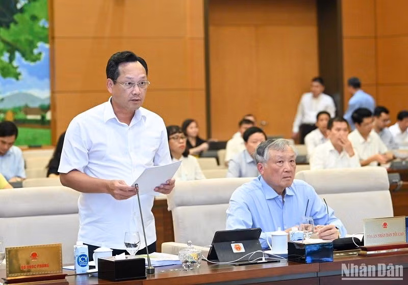 Phó Chánh án Tòa án nhân dân tối cao Nguyễn Văn Tiến trình bày Tờ trình về dự án Luật Tổ chức Tòa án nhân dân (sửa đổi). (Ảnh: DUY LINH)