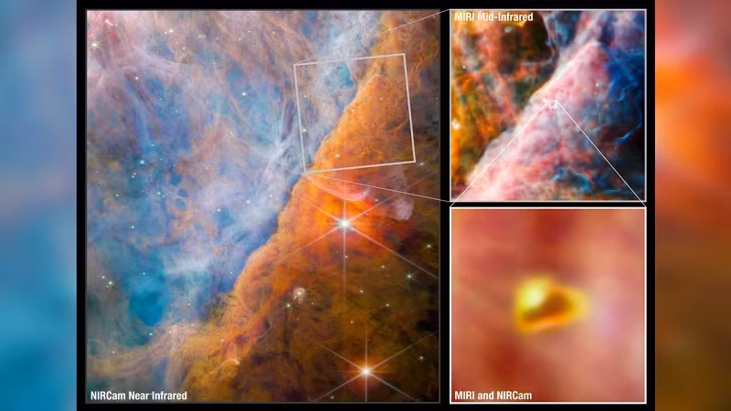 Những hình ảnh do Kính viễn vọng James Webb chụp cho thấy một phần của Tinh vân Orion, nơi ánh sáng tia cực tím tương tác với các đám mây phân tử dày đặc. (Ảnh: NASA)