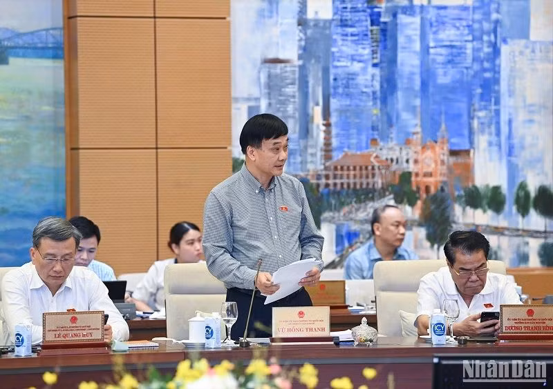 Chủ nhiệm Ủy ban Kinh tế Vũ Hồng Thanh, Phó Trưởng đoàn Thường trực Đoàn giám sát báo cáo tại phiên họp. (Ảnh: DUY LINH)