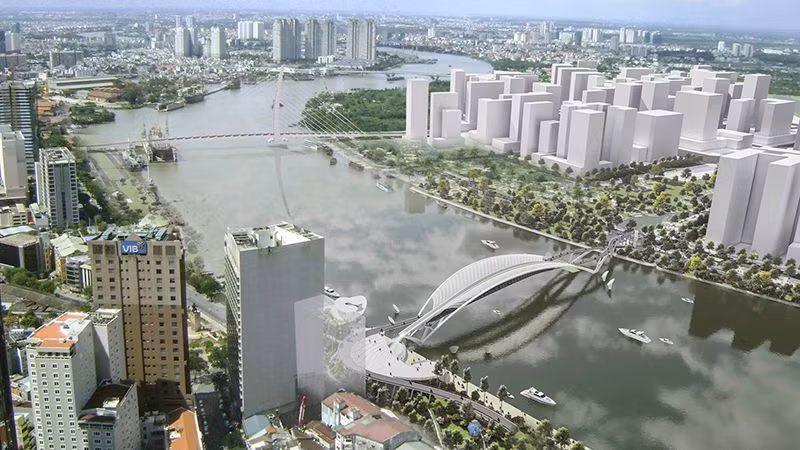 Phối cảnh cầu đi bộ bắc qua sông Sài Gòn có hình chiếc lá biểu tượng của lá dừa nước.