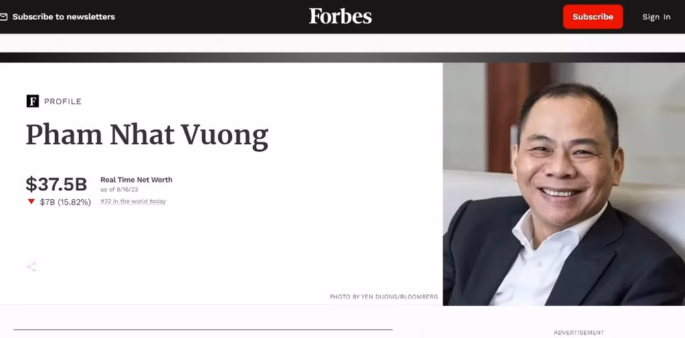 Forbes cập nhật tài sản của tỷ phú Phạm Nhật Vượng ở mức 37,5 tỷ USD. Ảnh chụp màn hình.