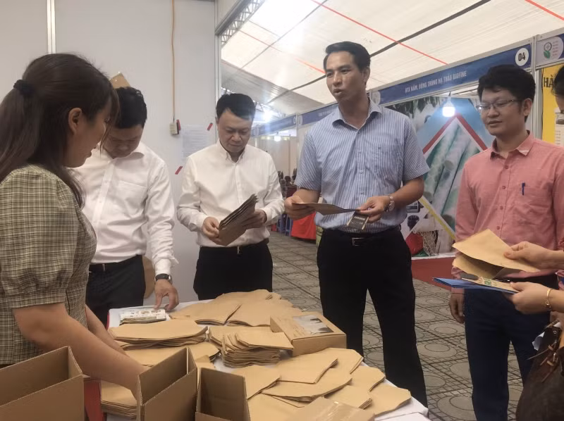 Đại diện Sở Công thương Hà Nội tìm hiểu các sản phẩm bao bì thân thiện môi trường.