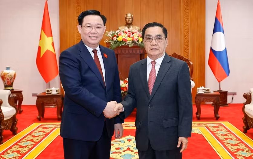 Chủ tịch Quốc hội Vương Đình Huệ gặp nguyên Thủ tướng Chính phủ Lào Thongsing Thammavong. (Ảnh: TTXVN)