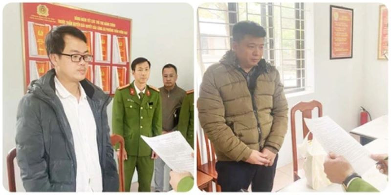2 đối tượng nghe đọc Quyết định khởi tố vụ án, khởi tố bị can, lệnh bắt bị can và lệnh khám xét chỗ ở. (Ảnh: Công an cung cấp)