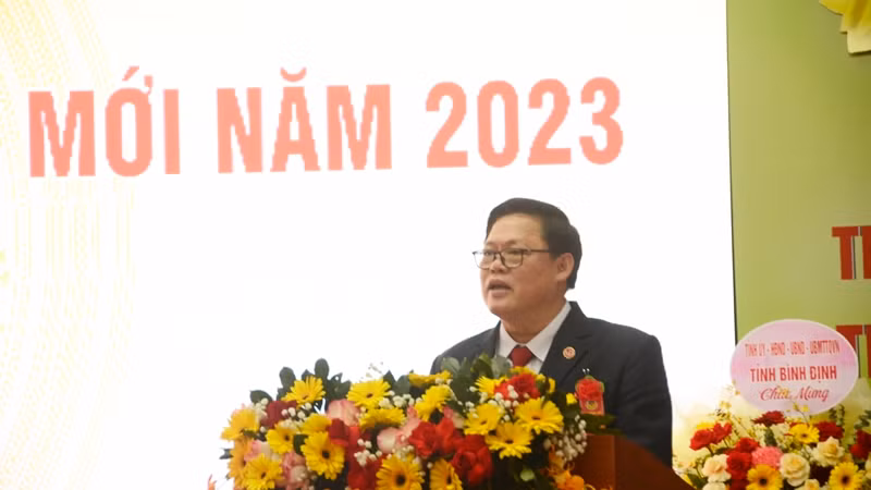 Chủ tịch Ủy ban nhân dân huyện Phù Mỹ Lê Văn Lịch báo cáo tóm tắt quá trình phát triển nông thôn mới của huyện.