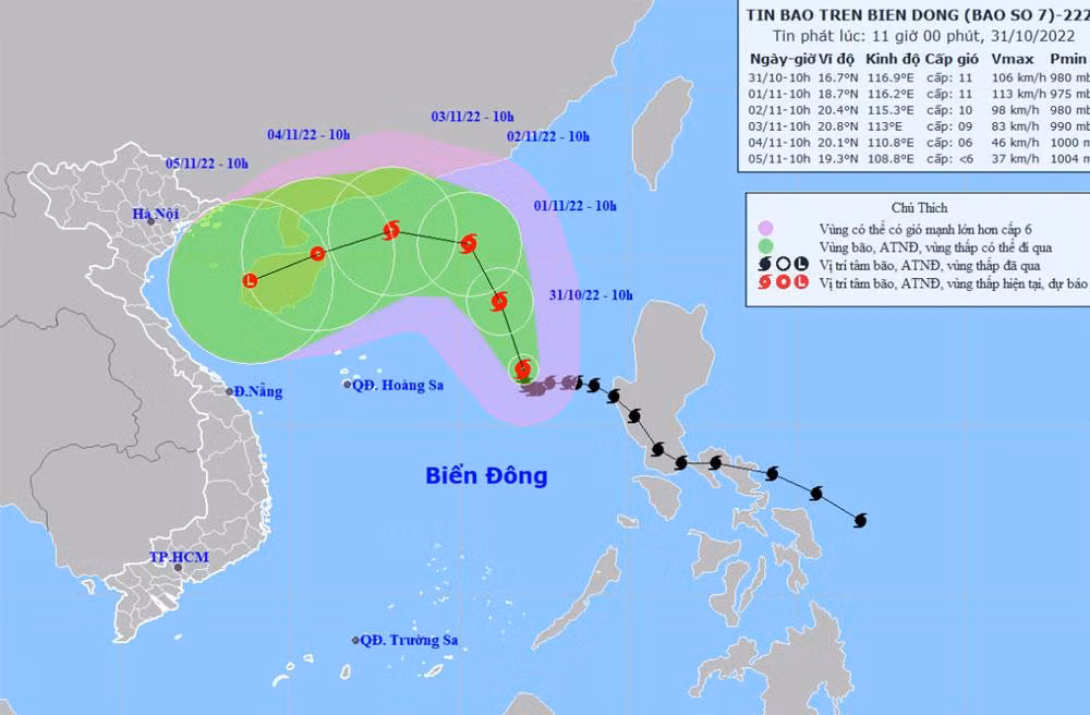 Vị trí và hướng di chuyển của bão số 7. (Nguồn: nchmf.gov.vn)