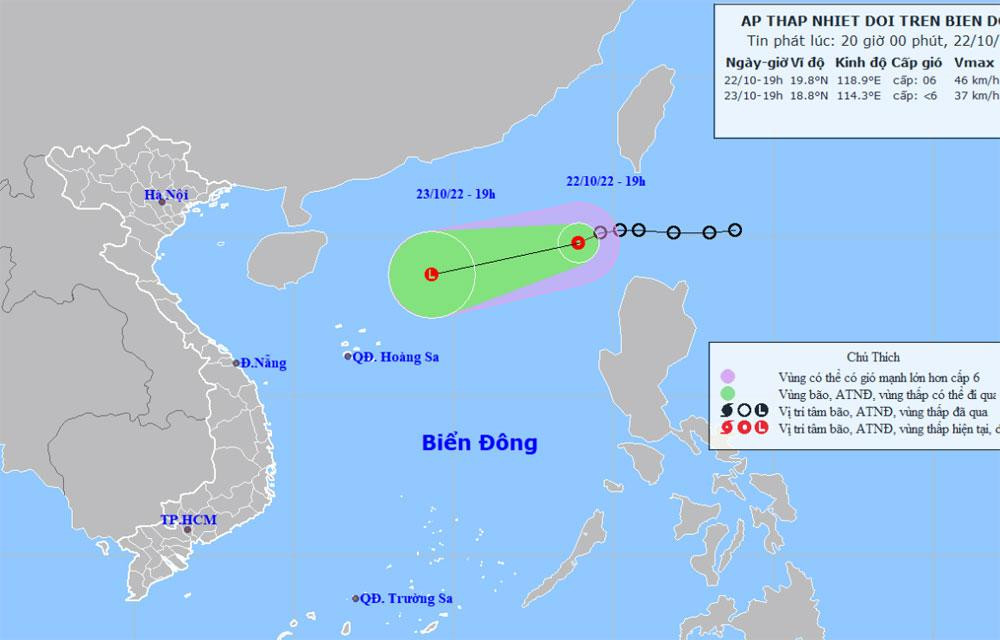 Vị trí và hướng di chuyển của áp thấp nhiệt đới. (Nguồn: nchmf.gov.vn)