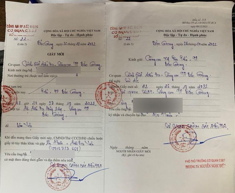 Giấy mời phóng viên N.V.T đến cơ quan Công an Bắc Giang để xác minh vụ việc. 