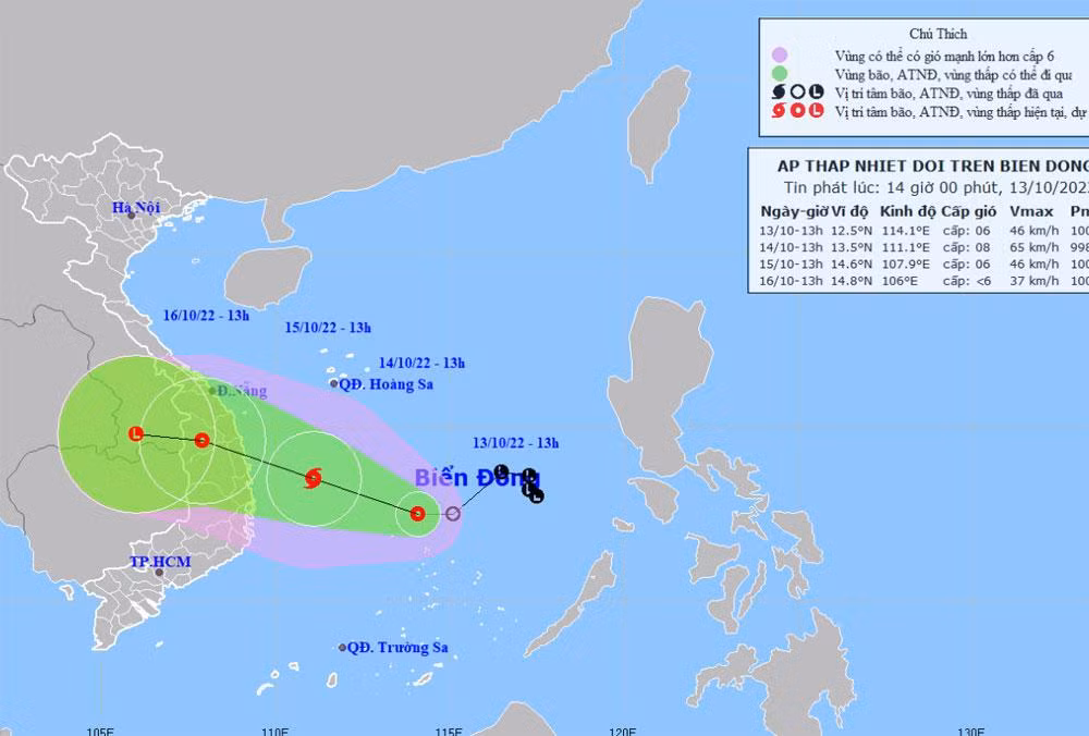 Vị trí và hướng di chuyển của áp thấp nhiệt đới. (Nguồn: nchmf.gov.vn)