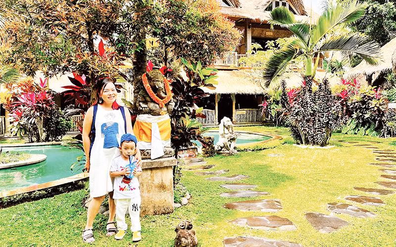 Khuôn viên một homestay nhỏ ở Ubud, nhiều cây xanh và đậm chất nghệ thuật.