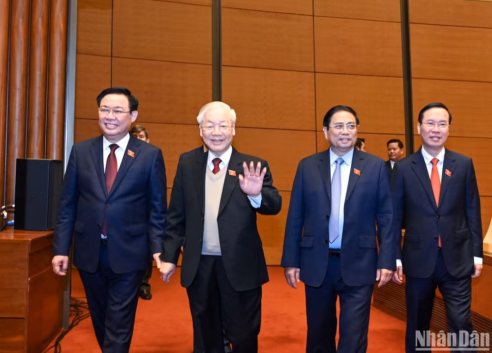Tổng Bí thư Nguyễn Phú Trọng, Thủ tướng Phạm Minh Chính, Chủ tịch Quốc hội Vương Đình Huệ, Thường trực Ban Bí thư Võ Văn Thưởng dự phiên họp.
