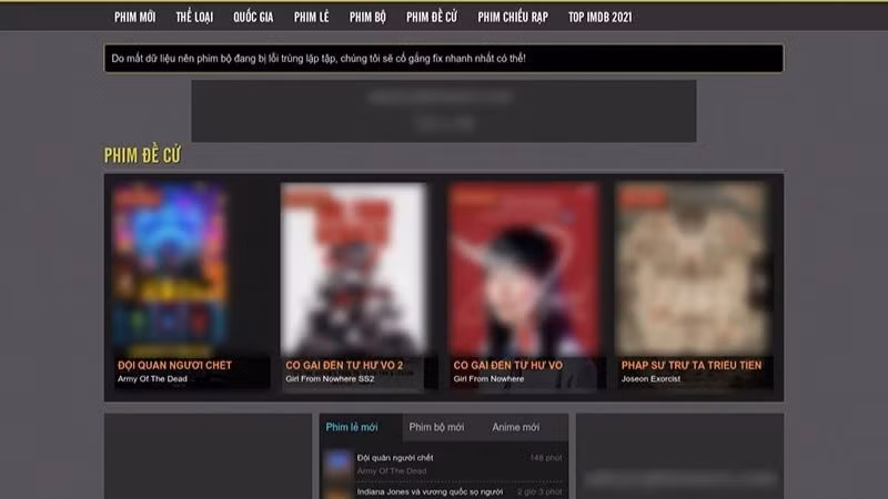 Giao diện trang web phát tán phim lậu nổi tiếng "lỳ đòn nhất Việt Nam" đã bị khởi tố hình sự tháng 8/2021. Ảnh chụp màn hình