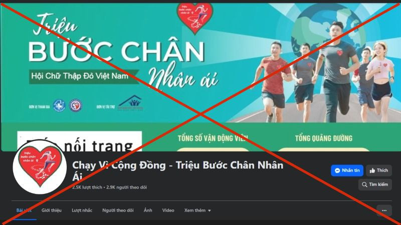 Hình ảnh trang fanpage mạo danh tên Chiến dịch “Triệu bước chân nhân ái” để kêu gọi quyên góp, gây quỹ. (Ảnh chụp màn hình)